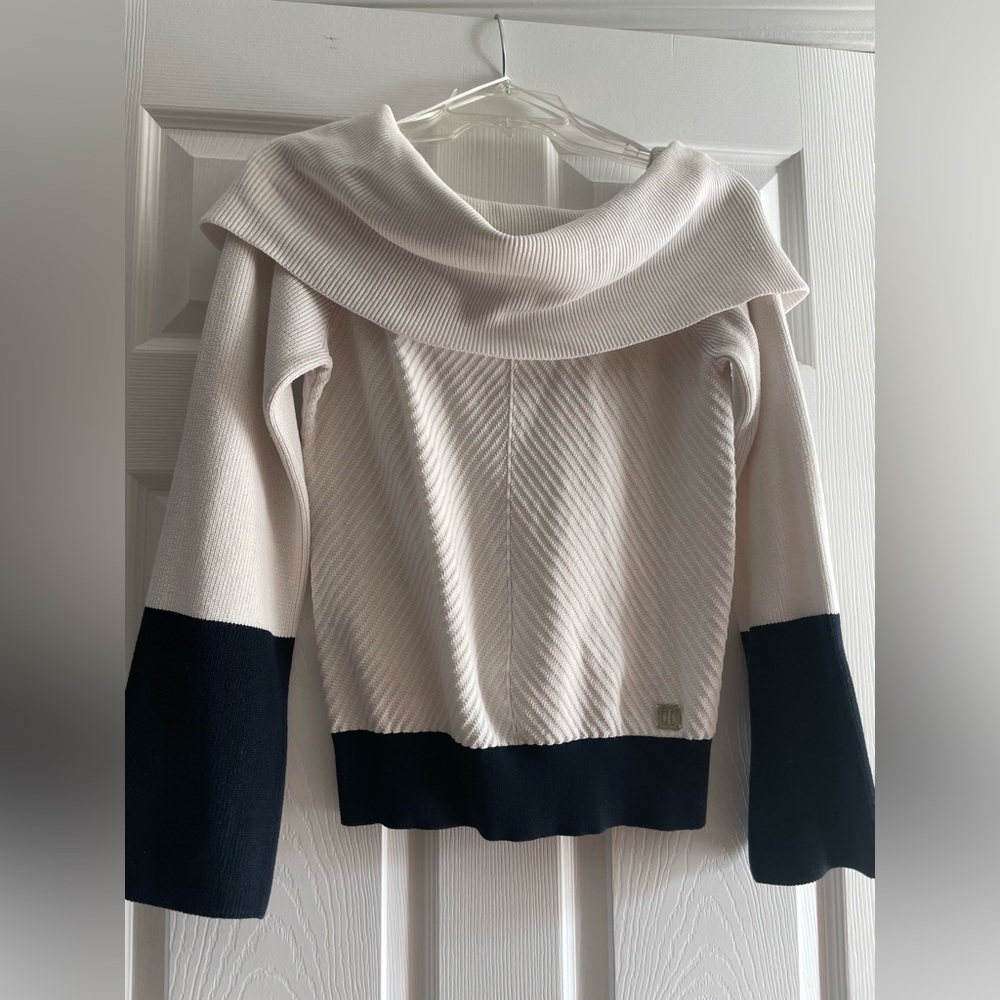 Tommy Hilfiger White and Navy Off-the-Shoulder Sweater